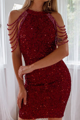 Robe Cocktail Courte Rubis à Sequins - vue 10