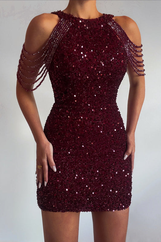 Robe Cocktail Courte Rubis à Sequins - vue 1