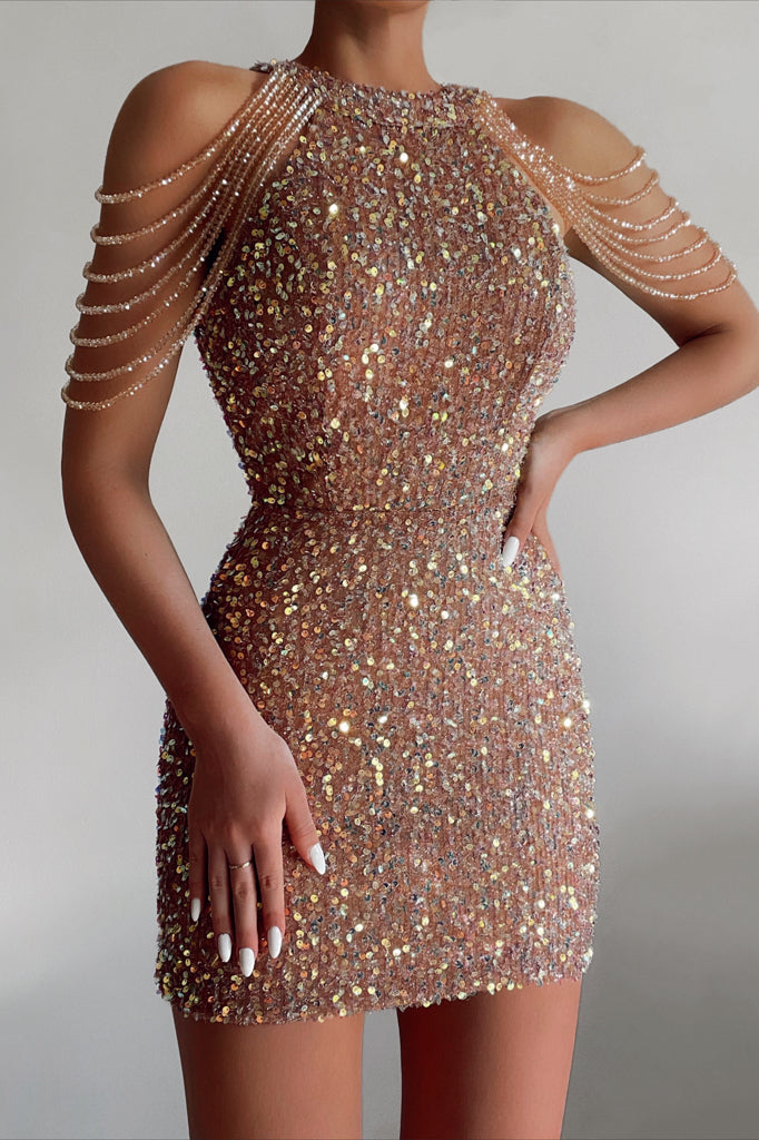 Robe Courte Sequin Col Montant