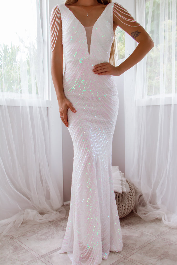 Robe de mariée longue à sequins Valencia, vue de profil