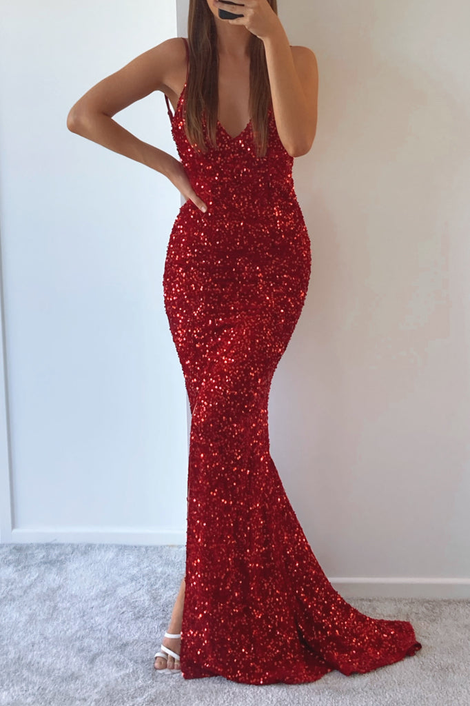 Robe De Mariée Rouge Pailletée Velours - vue 6