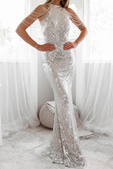 Robe de mariée sirène pailletee portée, mise en situation