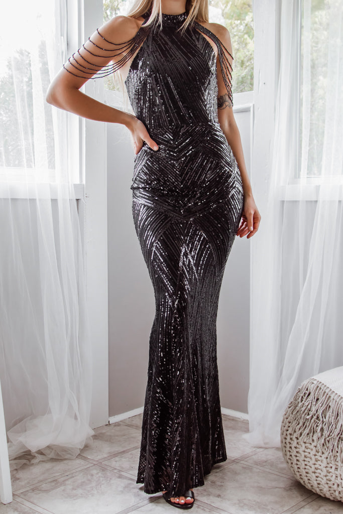 Robe De Soirée Noire À Sequins