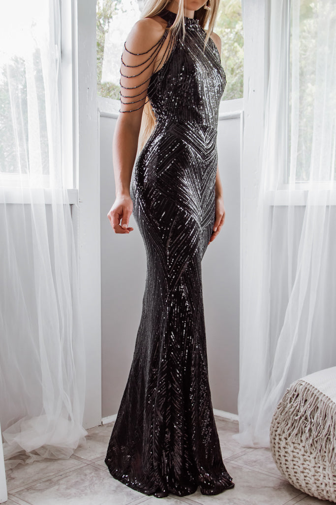 Robe De Soirée Noire À Sequins - vue 10