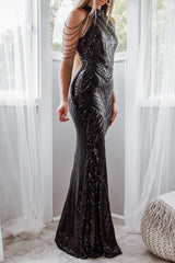 Robe De Soirée Noire À Sequins - vue 10