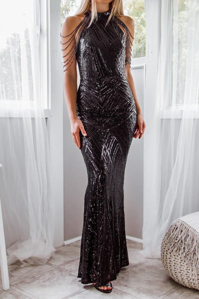 Robe De Soirée Noire À Sequins - vue 3