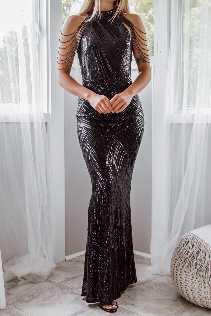 Robe De Soirée Noire À Sequins - vue 5
