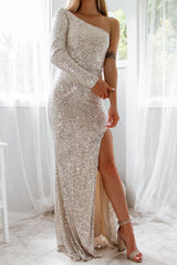 Robe Longue Asymétrique Paillletée Argent - vue 1