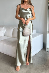 Robe Longue Satin Vert Sauge - vue 5