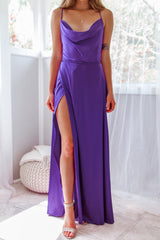 Robe Longue Satin Violet Drapée - vue 1