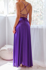 Robe Longue Satin Violet Drapée - vue 2