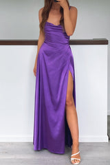 Robe Longue Satin Violet Drapée - vue 4