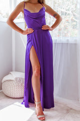 Robe Longue Satin Violet Drapée - vue 8