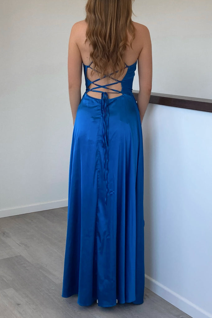 Robe Satin Drapée Bleu Canard - vue 2