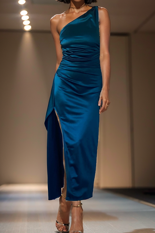 Robe Satin Drapée Fente Élégante - vue 1