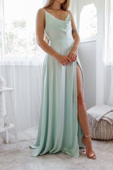 Robe Satin Drapée Menthe Romantique - vue 10