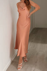 Robe Satin Pêche Col Drapé - vue 5