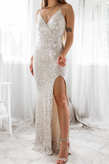 Robe Longue Bustier À Sequins Argentés
